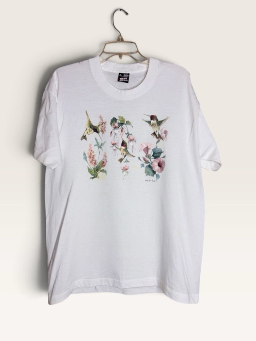 Vintage 90s Hummingbird Floral T Shirt L Fruit of the Loom Made USA Nature Tee